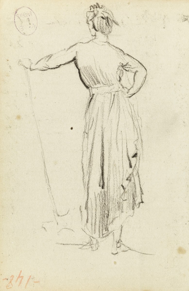Etude dune femme debout de dos la main gauche appuyée sur une pelle 1872