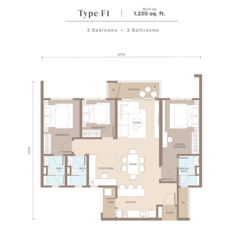 Amaya Type F1 floor plan — 1230 sq ft, 3 bedrooms