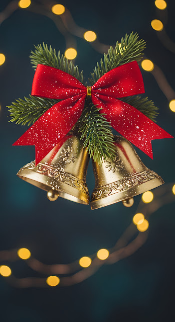 Golden Christmas Bells Red Bow Bokeh Lights - Free mobile Wallpaper