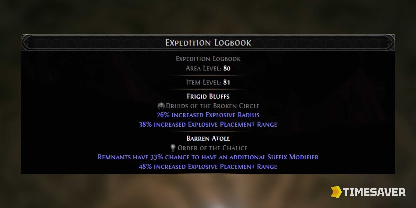 An Expedition Logbook item tooltip in PoE2 showing Area Level 80, Item Level 81 and faction modifiers, the guaranteed drop from Styrn