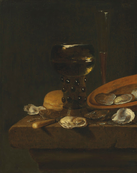A prunted roemer of sweet wine and red wine in a façon de Venise glass with oyst