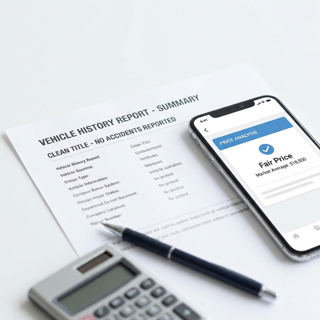 Close up of a vehicle history report and smartphone showing a price analysis label on a white table with pen and calculator nearby in CarFax Deals style trade in value car