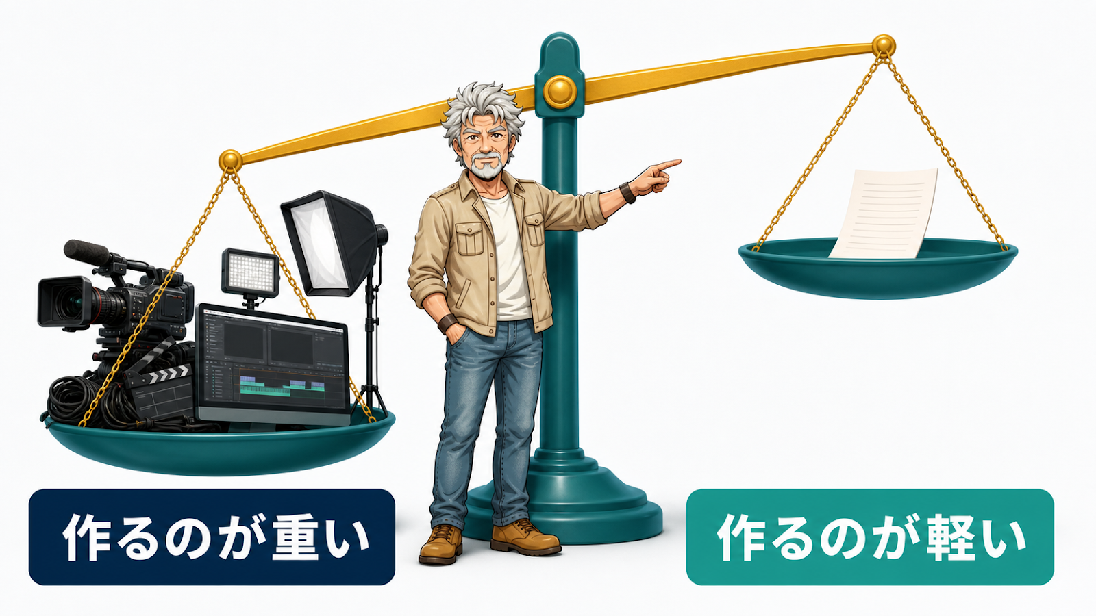 動画は作るのが重く文字は軽いことを示す天秤の図
