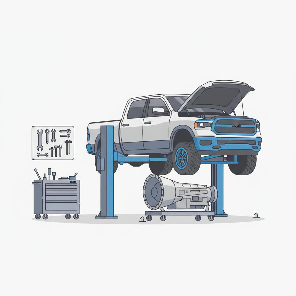 Minimal 2D vector of a dodge ram 1500 for sale service bay showing a lifted truck with open engine and removed transmission tools on a trolley no people white CarFax Deals colors