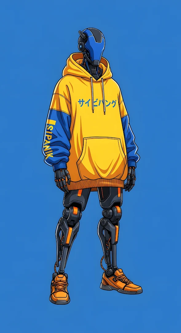 Futuristic Robot in Oversized Yellow and Blue Hoodie