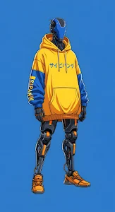 Futuristic Robot in Oversized Yellow and Blue Hoodie