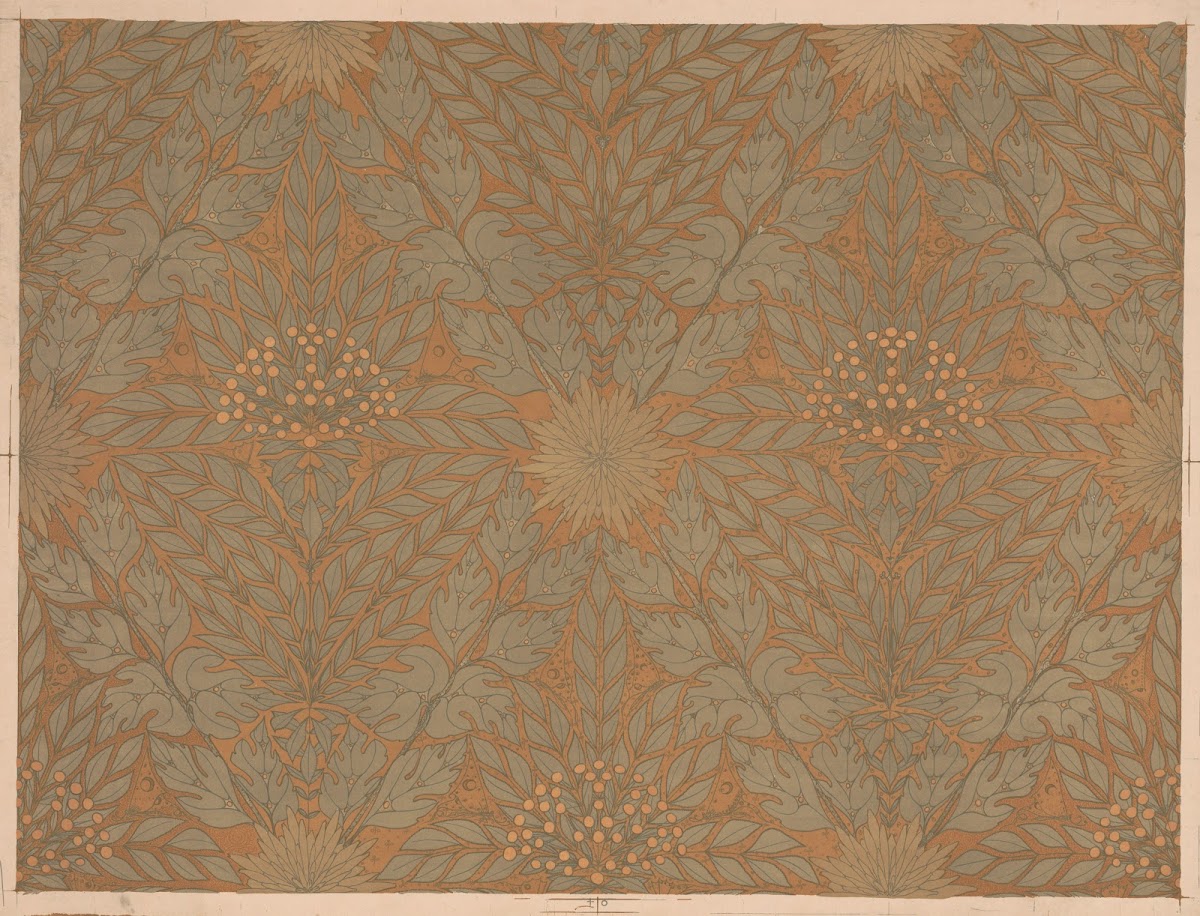 Behangpapier met takken met besjes en vlinder 1876   1951