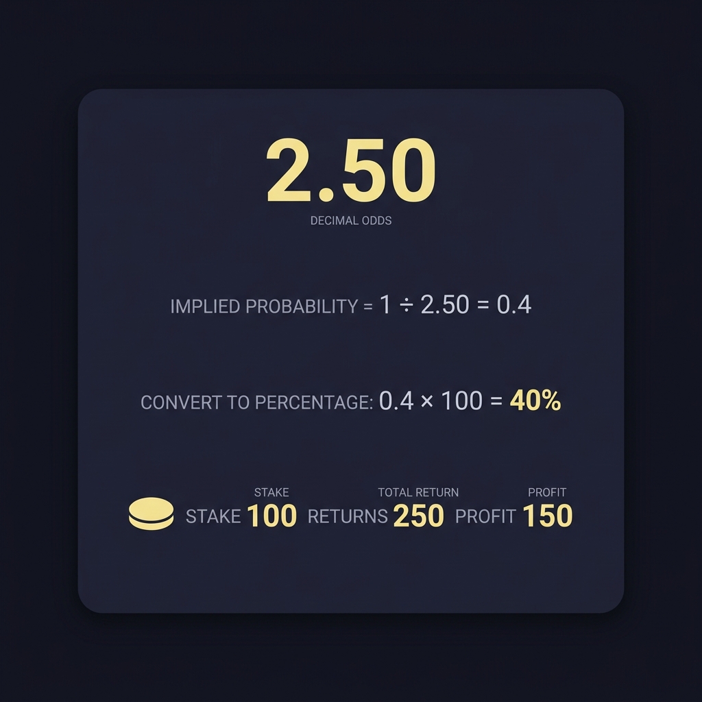 Step by step conversion of decimal odds 2.50 to 40 percent showing calculation 1 divided by 2.50 equals 0.4 and a stake example to convert odds to percentage