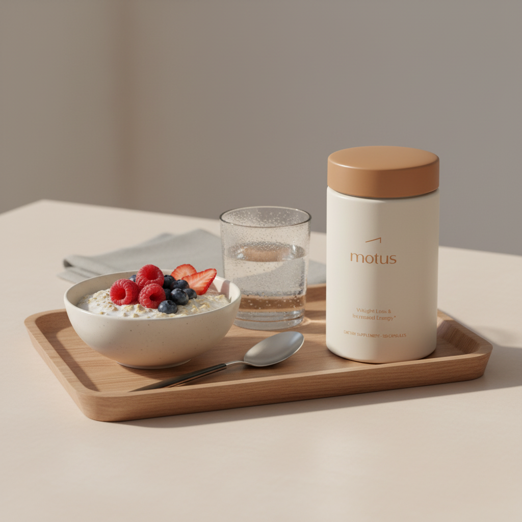Minimalist breakfast tray with Motus supplement jar beside oats, berries and glass of water in soft natural light — Tonum wellness scene about phentermine