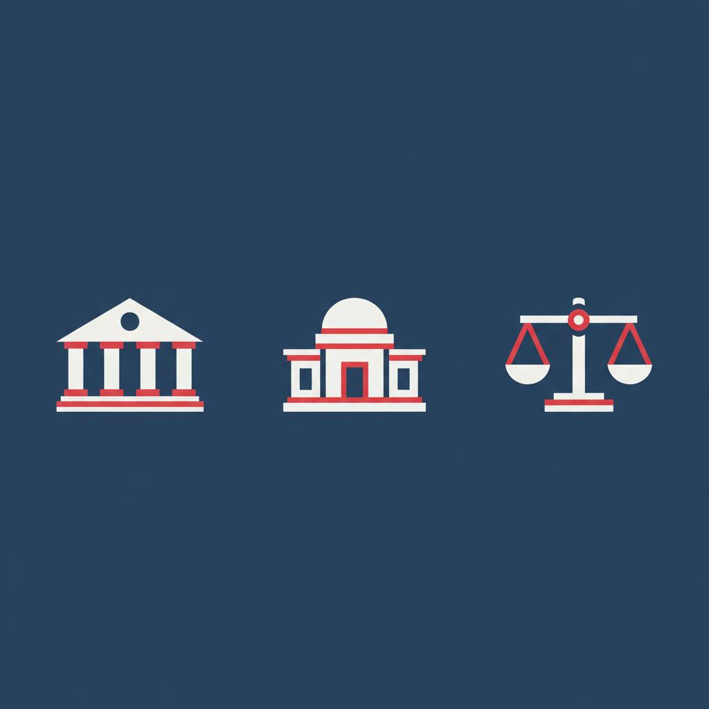 Minimalist 2D vector infographic showing federal court icon state court icon and balanced scales for immunity on deep blue background 5th amendment full text