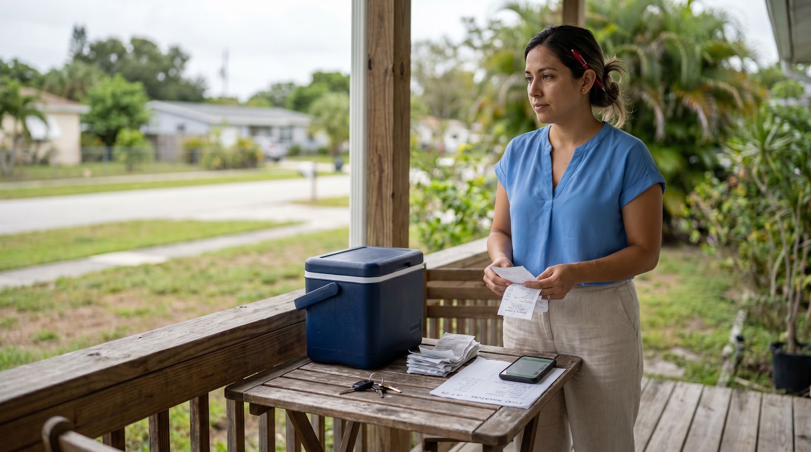 Mujer hispana documentando recibos e inventario para un reclamo de seguro casa comida podrida apagon florida