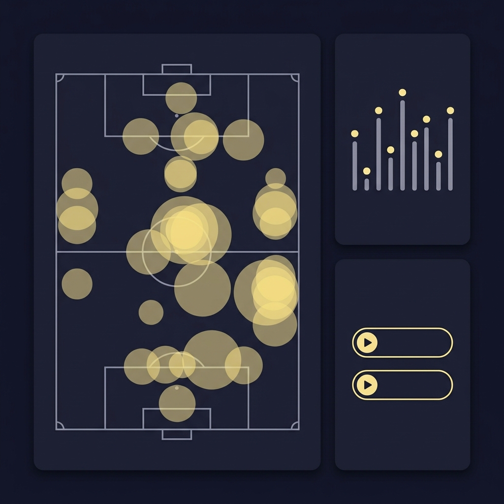 Minimalist one page coach report mockup with drop zone heatmap first contact chart and two clip timestamp chips for How to Analyze Set-Piece Strength