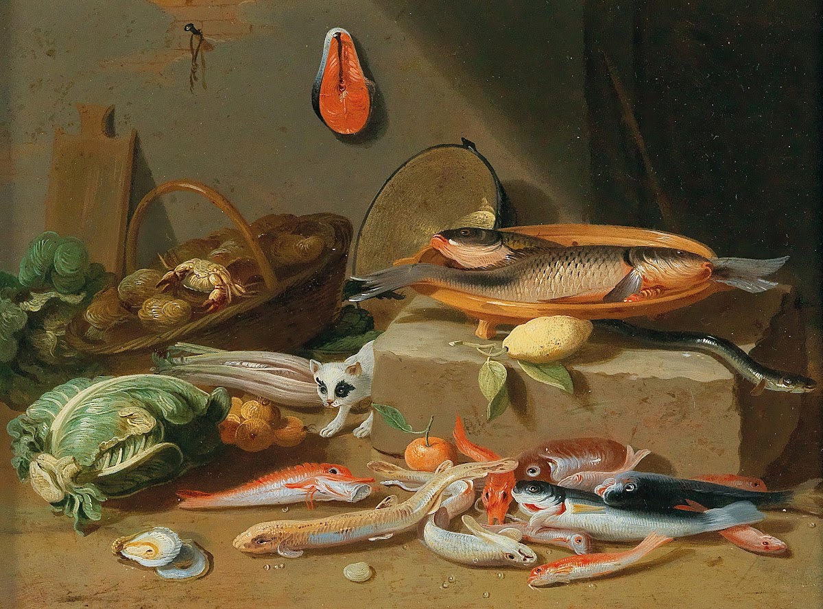 A kitchen still life with fish vegetables and a cat