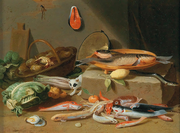 A kitchen still life with fish vegetables and a cat