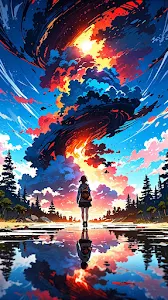 Girl Gazing at Fiery Sky Over Lake with Mirror Reflection