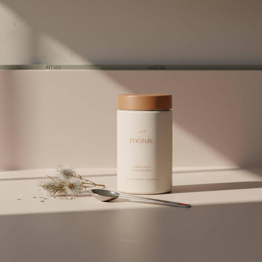 Tonum Motus container on a clean kitchen countertop beside dried milk thistle seed heads and a measuring spoon — does milk thistle help with weight loss? Minimal, clinical morning-light scene.