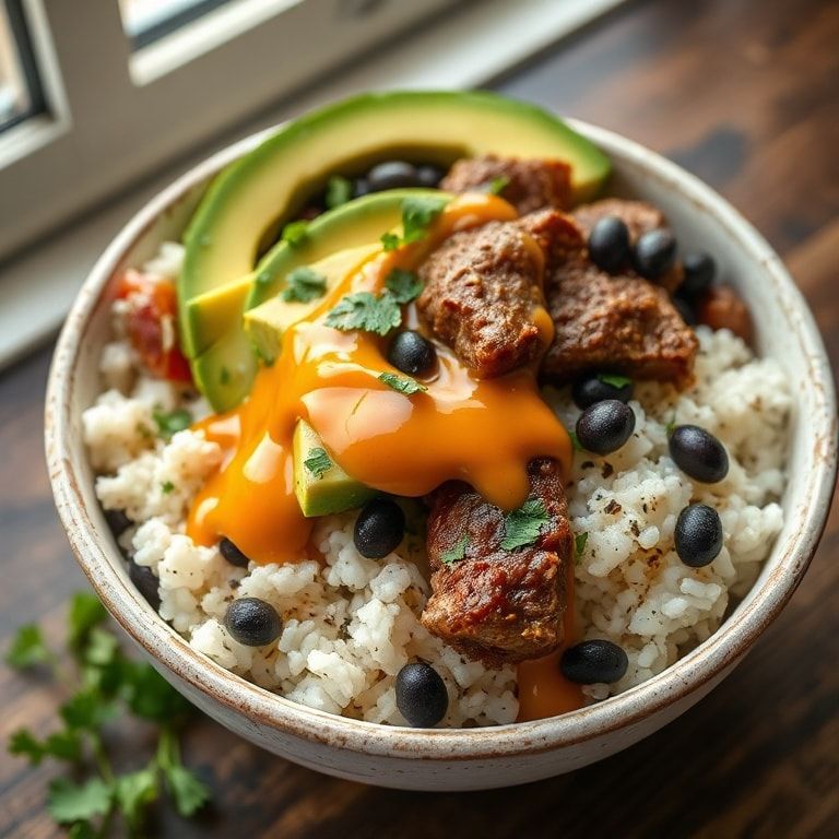 Easy Steak Queso Rice Bowl with Black Beans and Avocado – Quick & Delicious Dinner finished