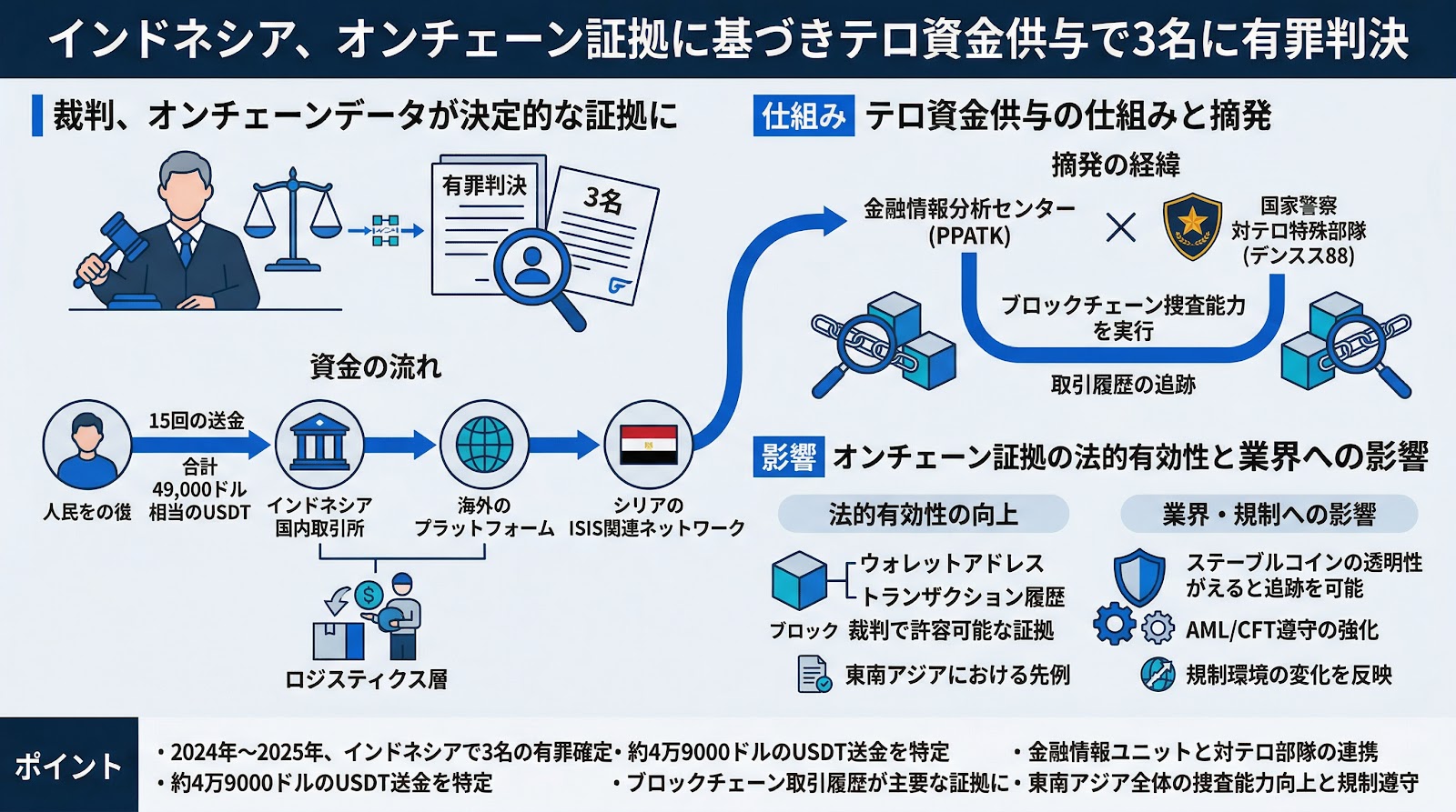 インドネシア、オンチェーン証拠に基づきテロ資金供与で3名に有罪判決