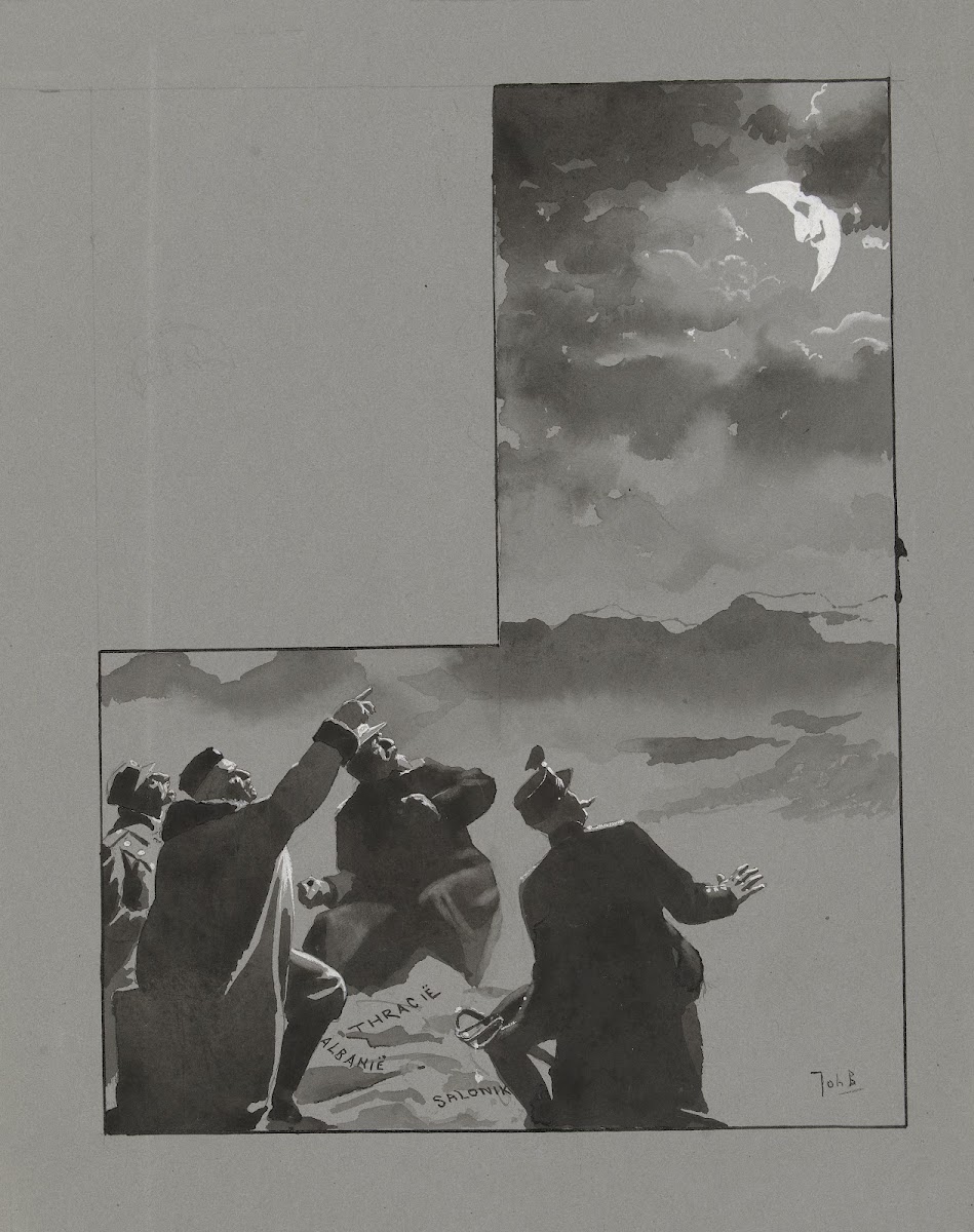 Ontwerp voor illustratie in De Amsterdammer De Balkanroovers De Halve Maan 1913