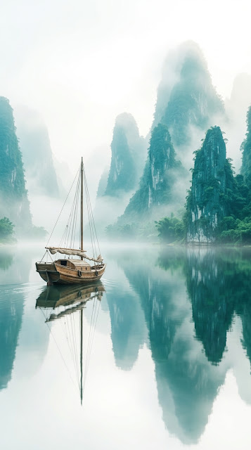 Traditional Boat Navigating Misty Blue Mountain Peaks - Free mobile Wallpaper