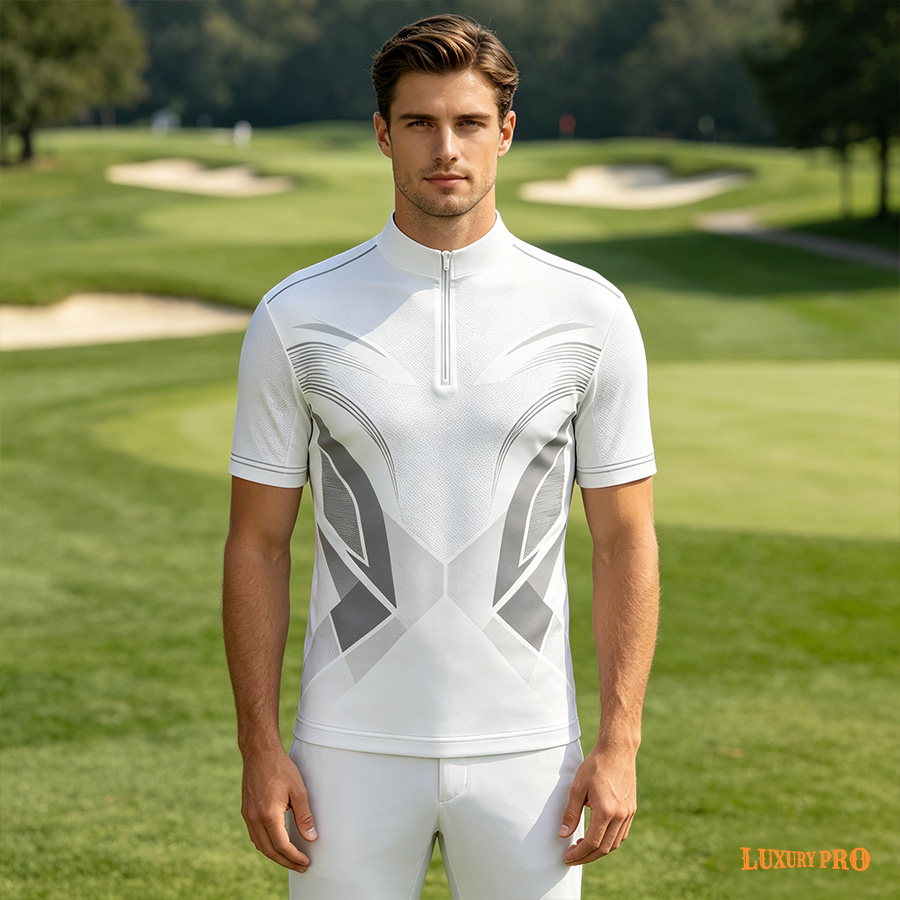Man Stand Collar Zip Polo-White zip