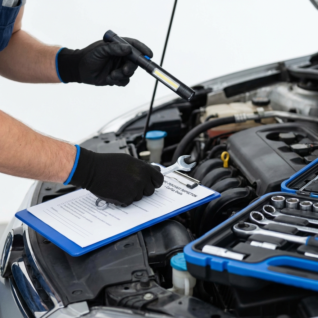 Close up of mechanic inspecting engine of a compact sedan with tools and service clipboard featuring blue accents 3666ed representing most reliable used cars