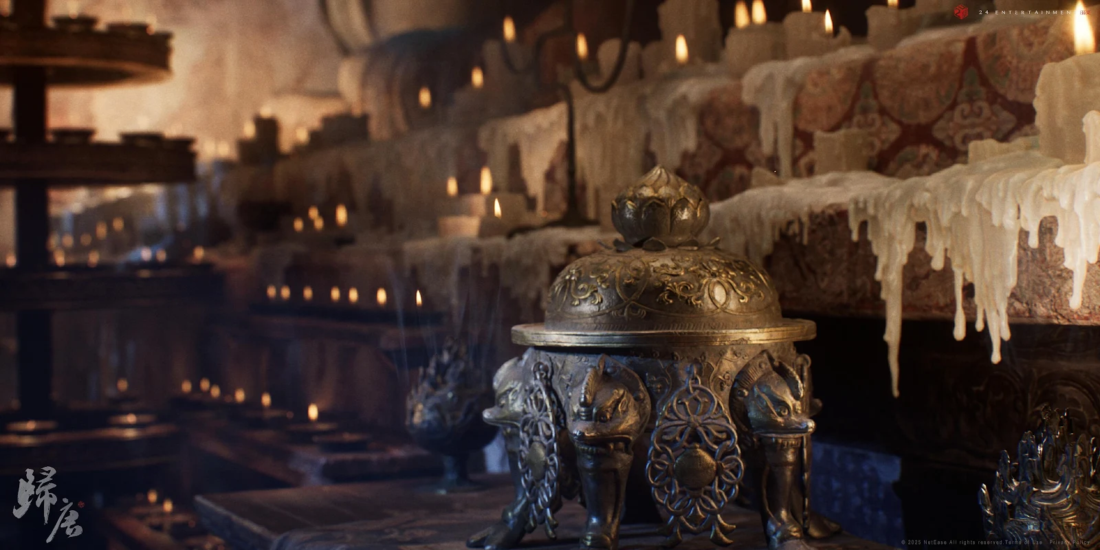 Ornate Temple Censer Surrounded By Candles - Cinematic Digital Rendering 2K Wallpaper (3840x1920)