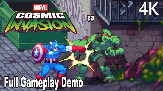 Screenshot of Marvel Cosmic Invasion gameplay showing multiple heroes in tag-team combat.