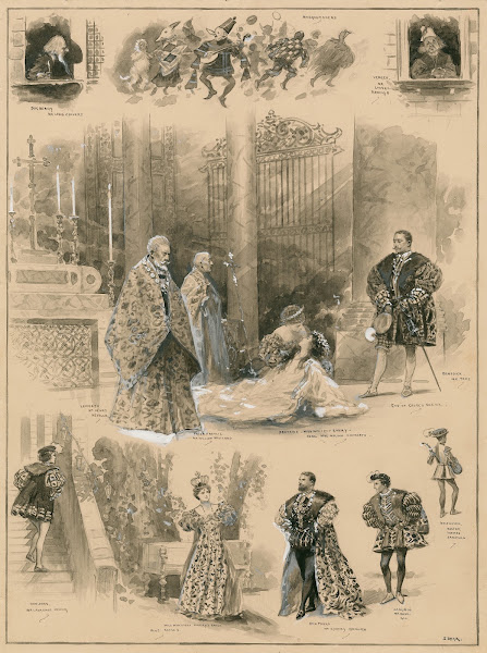 Grouped vignettes depicting characters and scenes from Much ado about nothing as
