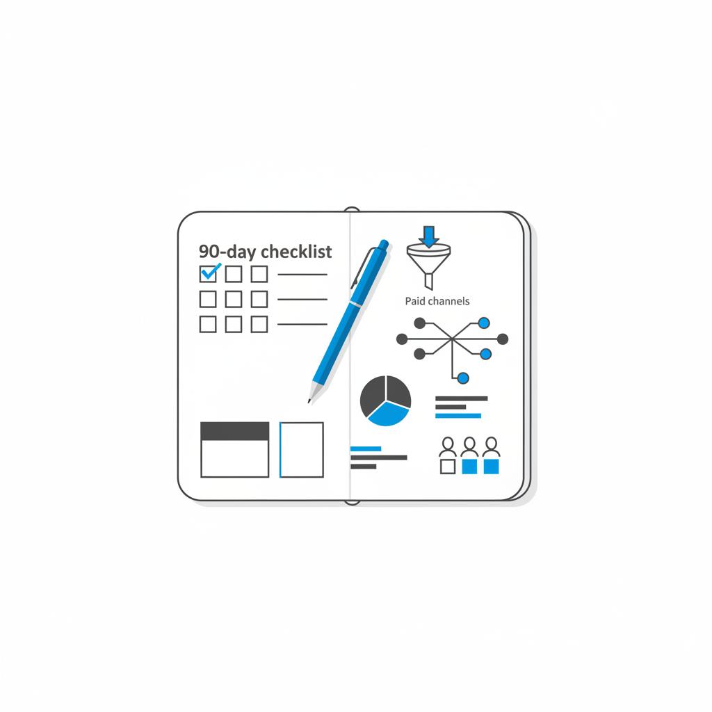 Minimalist 2D vector flat-lay of a planner with a 90-day checklist, pen, and sketched diagrams comparing paid vs organic channels on white background &mdash; doctor office marketing
