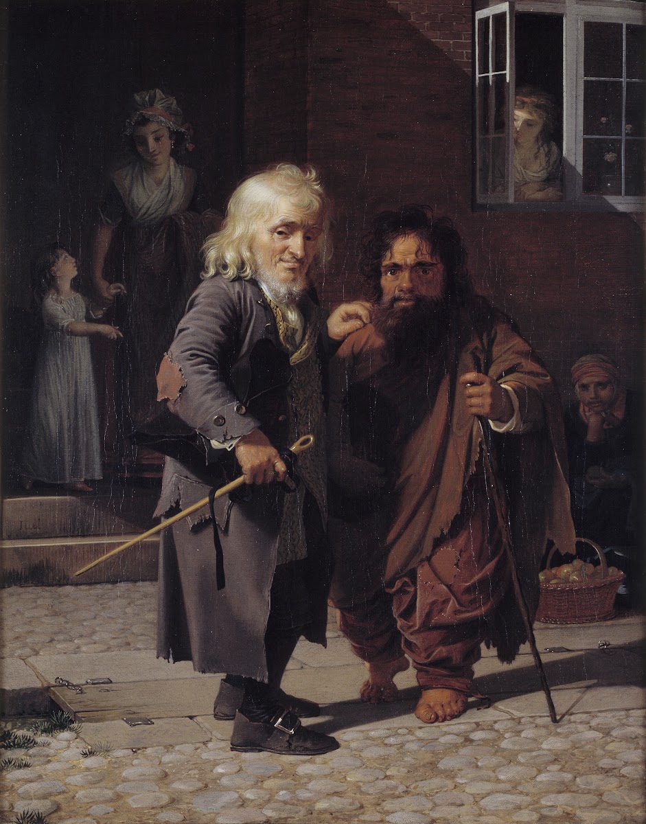 Two Dwarfs Obligeert a Jewish pigtail ribbon Vendor beside the Roman Dwarf Bajoc