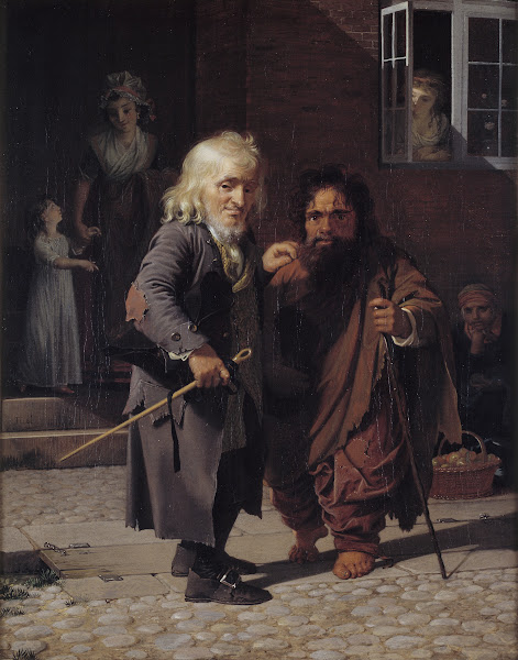 Two Dwarfs Obligeert a Jewish pigtail ribbon Vendor beside the Roman Dwarf Bajoc