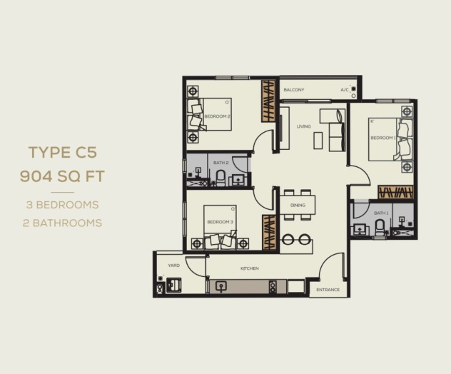 BambooHill Type C5 floor plan — 904 sq ft, 3 bedrooms