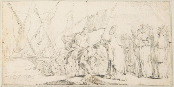 Pope Handing a Banner to a Crusader with Ships in the Background 16961770