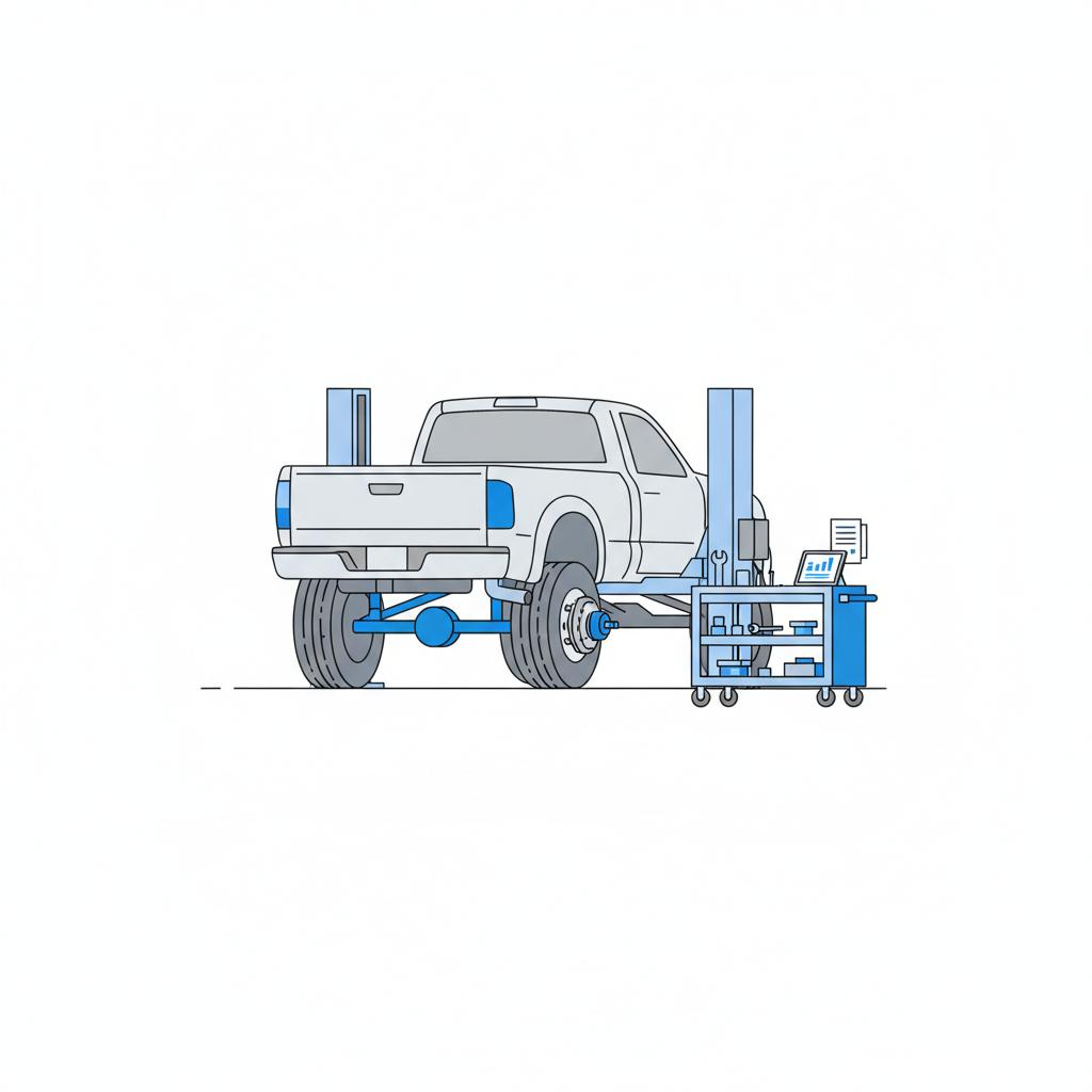 Minimalist vector of a lifted pickup wheel and exposed suspension with tools and a tablet showing a vehicle history style chart ford f150 raptor for sale