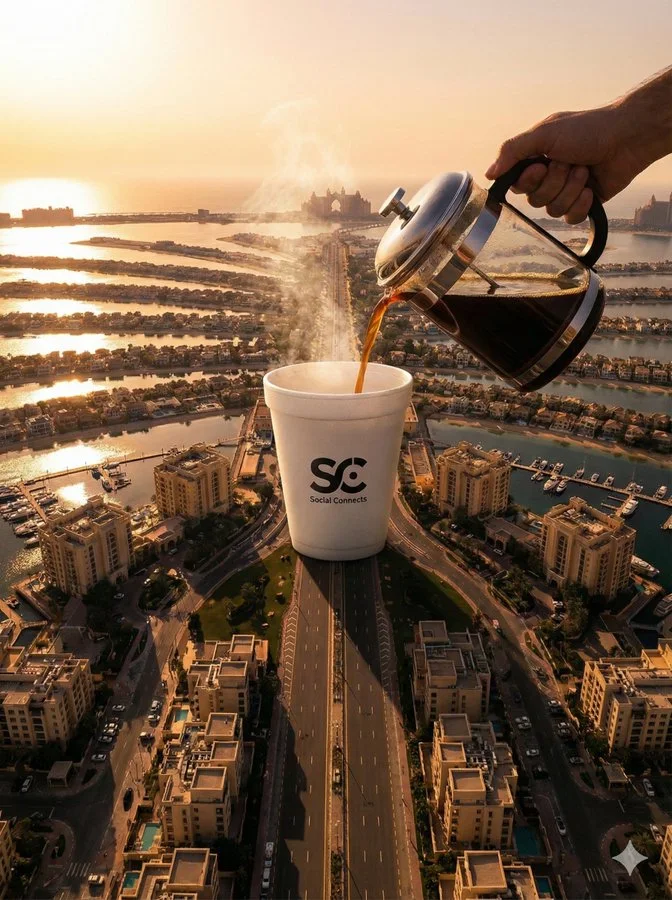 Escena surrealista en Palm Jumeirah: Taza gigante de espuma y café
