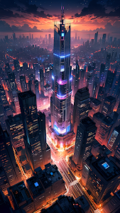 Futuristic Cityscape at Sunset with Glowing Skyscraper