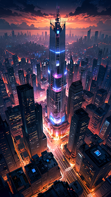 Futuristic Cityscape at Sunset with Glowing Skyscraper - Free mobile Wallpaper