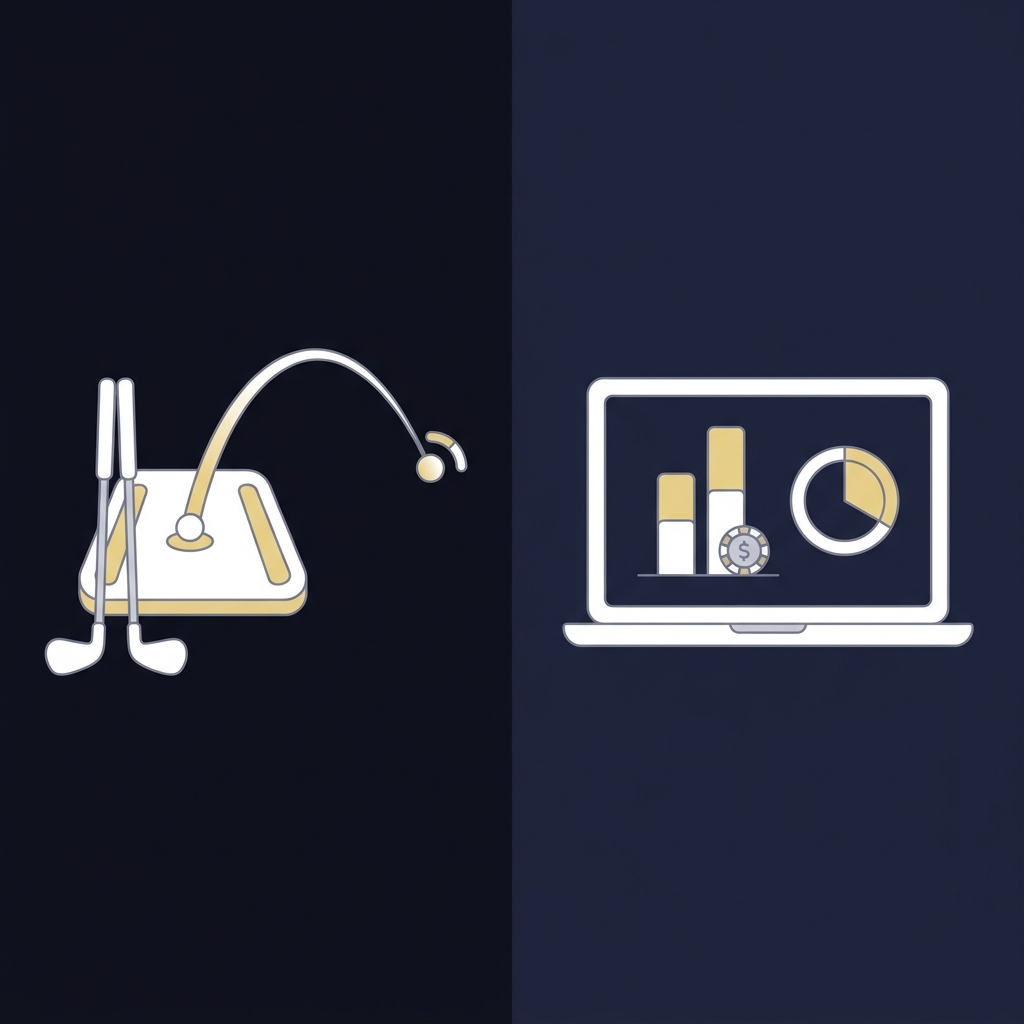 Minimalist 2D vector split screen showing golf coaching objects illustrating an 80 percent swing on the left and a laptop with a simplified betting dashboard and fractional Kelly gauge on the right golf betting app