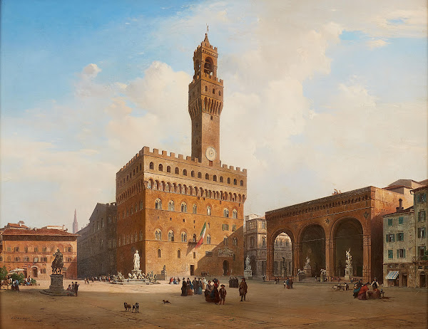 Piazza della Signoria in Florenz mit Palazzo Vecchio und Loggia dei Lanzi 1875