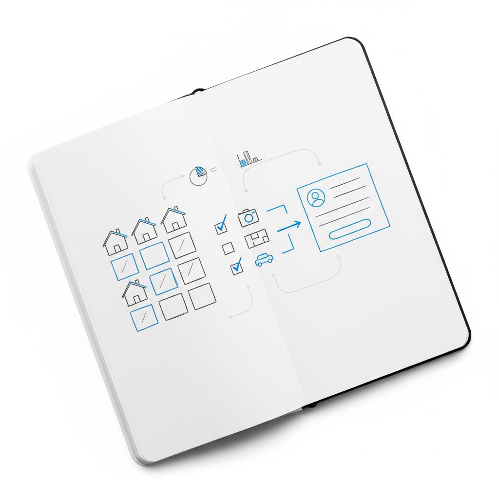 Minimal sketched notebook close-up of a real estate listing page with thumbnails, checklist icons and a boxed contact form &mdash; visual guide to the best lead generator for realtors.