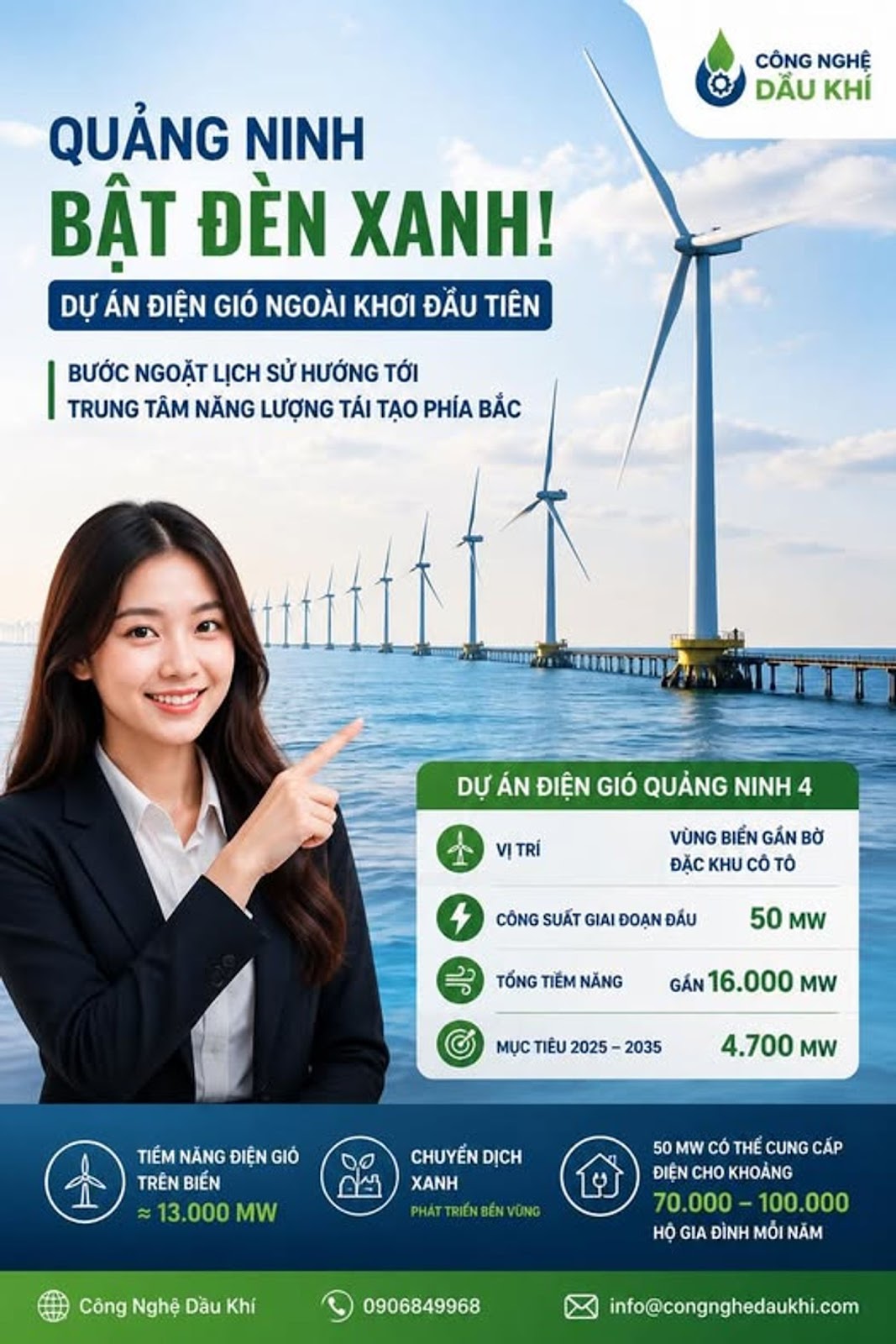 Có thể là hình ảnh về cối xay gió và văn bản cho biết 'CÔNG NGHỆ DẦU KHÍ QUẢNG NINH BẬT ĐÈN XANH! DỰ ÁN ĐIỆN NGOÀI KHƠI ĐẦU TIÊN BƯỚC NGOẶT LỊCH SỬ HƯỚNG TỚI TRUNG TÂM NĂNG LƯỢNG TÁI TẠO PHÍA BẮC 一社出月動熱集ド DỰ ÁN ĐIỆN QUẢNG NINH 4 VỊTRÍ VÙNG BIỂN GẮN BỜ ĐẶC KHU CÔ TÔ CÔNG SUẤT ĐOẠN ĐẦU 50 MW TỔNG TIẾM NĂNG 16.000 MW MỤC TIÊU 2025 2035 4.700 MW TIỂM NĂNG ĐIỆN GIÓ TRÊN BIEN =13.000 MW 00 CHUYỂN DỊCH XANH PHÁTTRIỄNBÊNVŨNG 50 MW THẾ CUNG CẤP ĐIỆN CHO KHOẢNG 70.000- 100.000 HỘ GIA ĐÌNH MỖI NĂM Công Nghệ Dầu Khí 0906849968 info@congnghedaukhi.com'