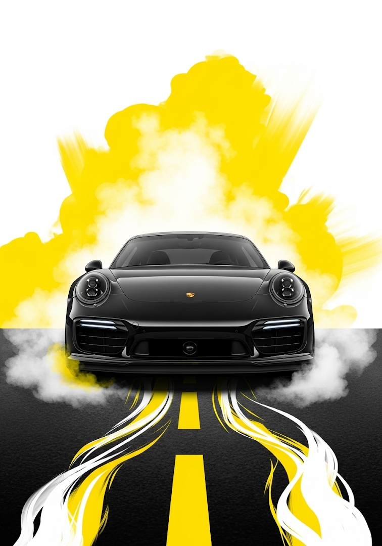 Porsche 911 Black Car Yellow Smoke Abstract Art