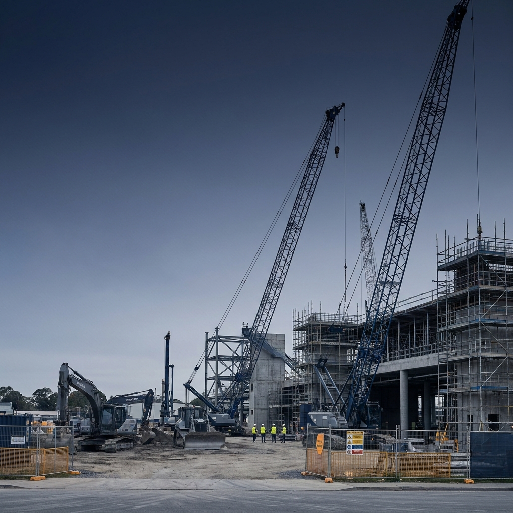 Belmont Park construction site with cranes and scaffolding signaling large scale modernization minimalist composition navy background and warm safety accents aqueduct picks cox