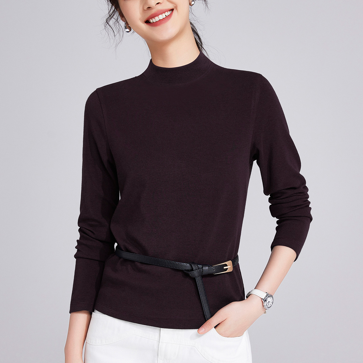 Wool blend long sleeve shirt with stand-up collar