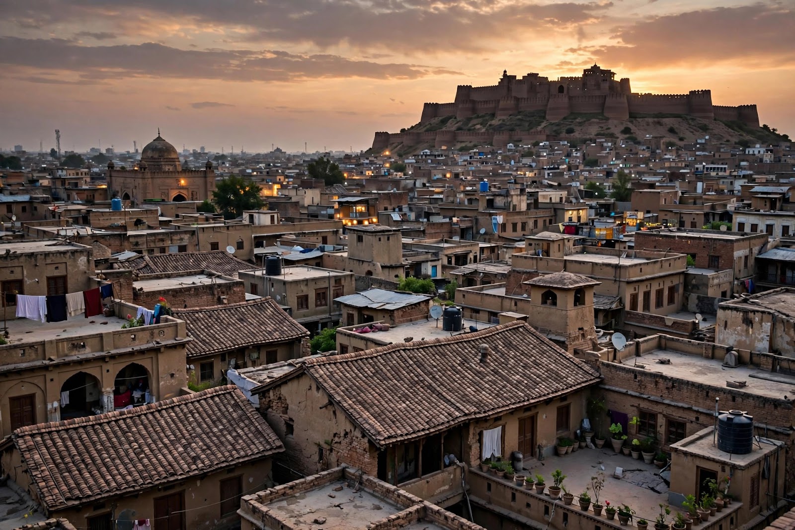 Photorealistic view of Peshawar's old city at dusk, with the Bala Hisar fort silhouetted on the hill