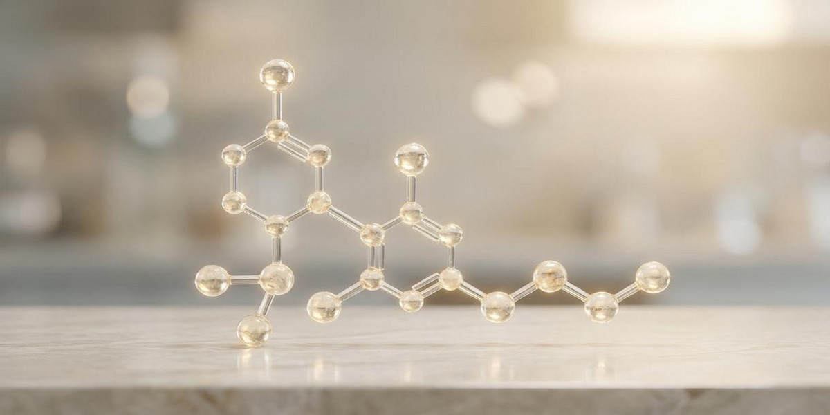 Molecola di H4CBD rappresentata in modo scientifico, sfondo neutro, stile realistico