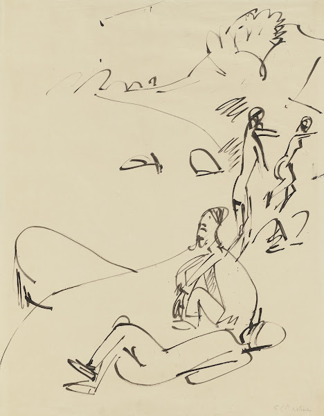 Badende am Strand einer Bucht auf Fehmarn 1913