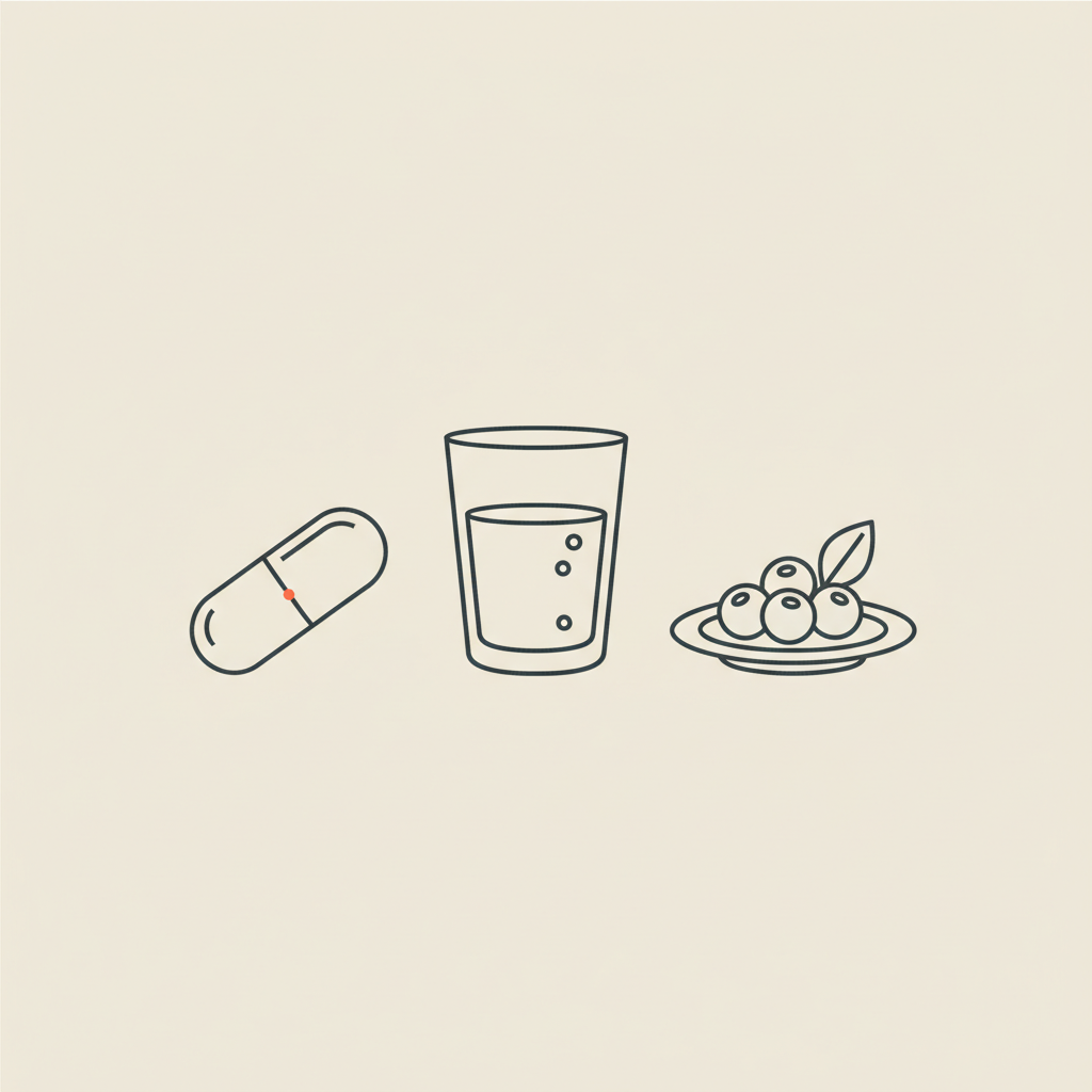 Tonum-style line illustration of a capsule, water glass, and small plate with berries and leaf on beige background — best non prescription weight loss pill
