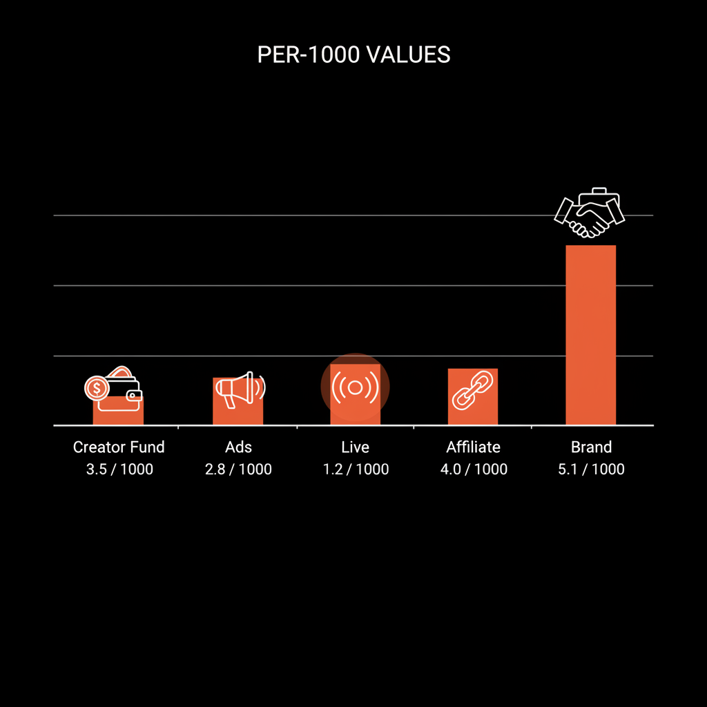 Full-frame minimalist vector infographic bar chart of per-1,000 earnings (Creator Fund, Ads, Live, Affiliate, Brand) on black background with #dc5c2b accents — how much is 1000 views worth on TikTok